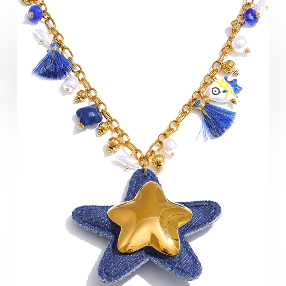 Boho Star Pendant Necklace Denim & Gold-Tone